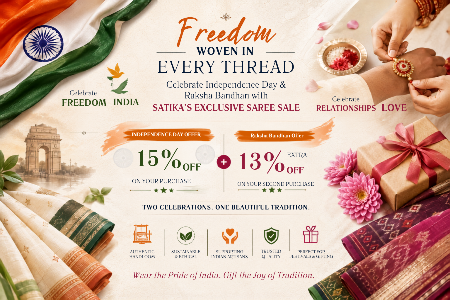 Freedom Woven in Every Thread: Celebrate Independence Day & Raksha Bandhan with Satika's Exclusive Saree Sale