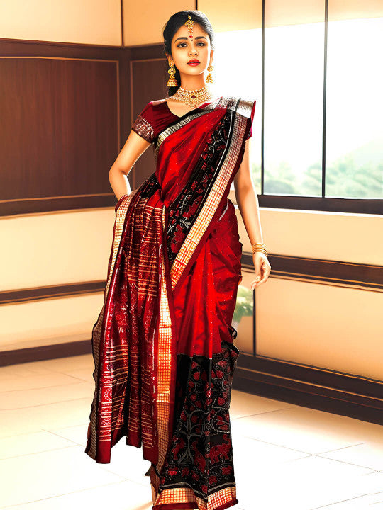 MAROON AND BLACK SAMBALPURI PATA SAREE