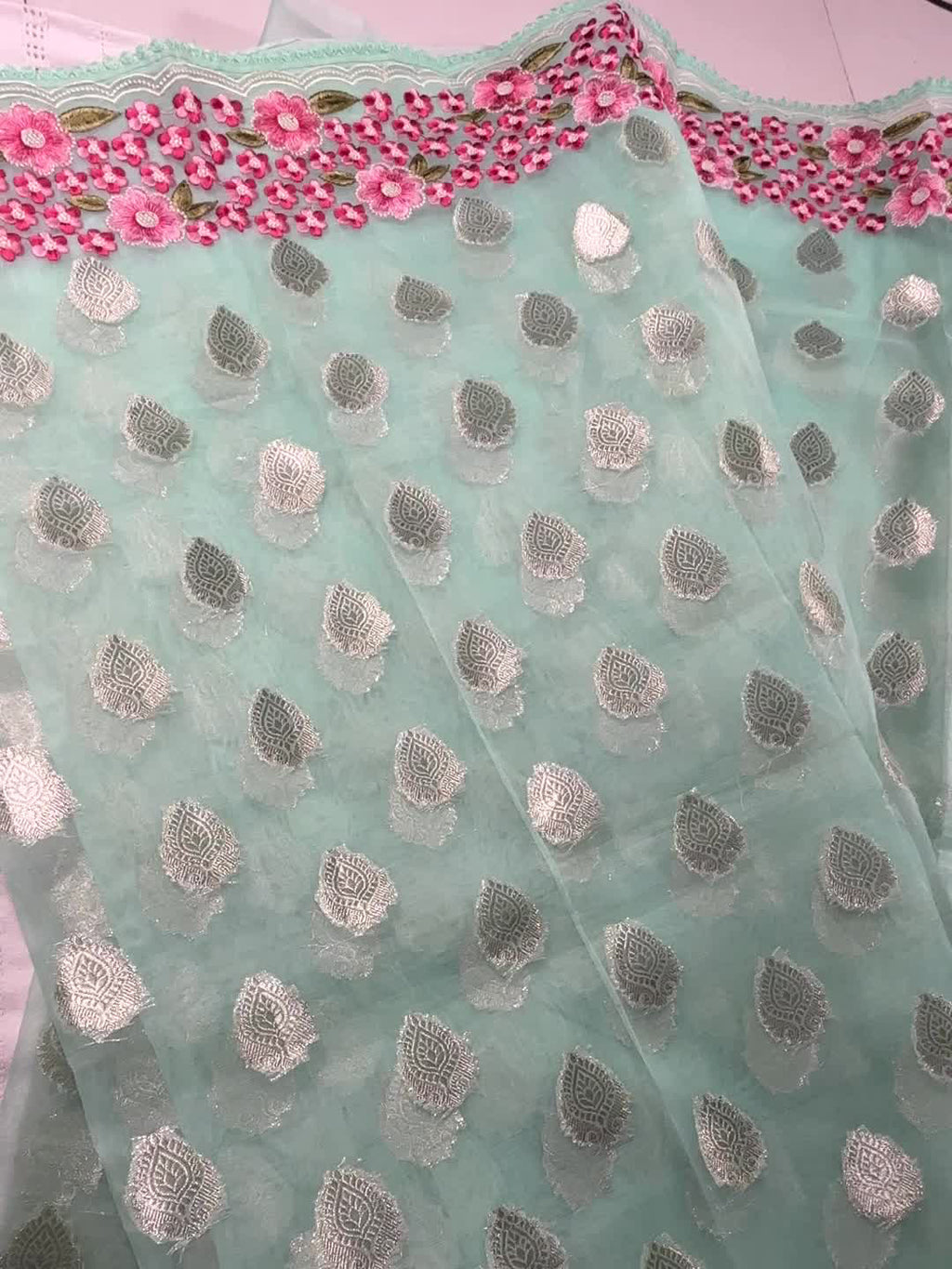 MINT GREEN EMBROIDERED FANCY SAREE