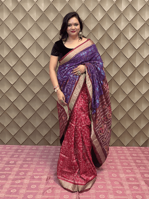 Amarpushpi- red blue sambalpuri handloom silk saree