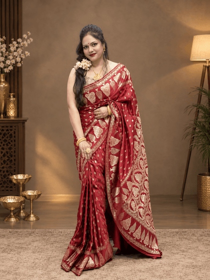 Amrapali Deep Plum Katan Banarasi Silk Saree with Golden Zari