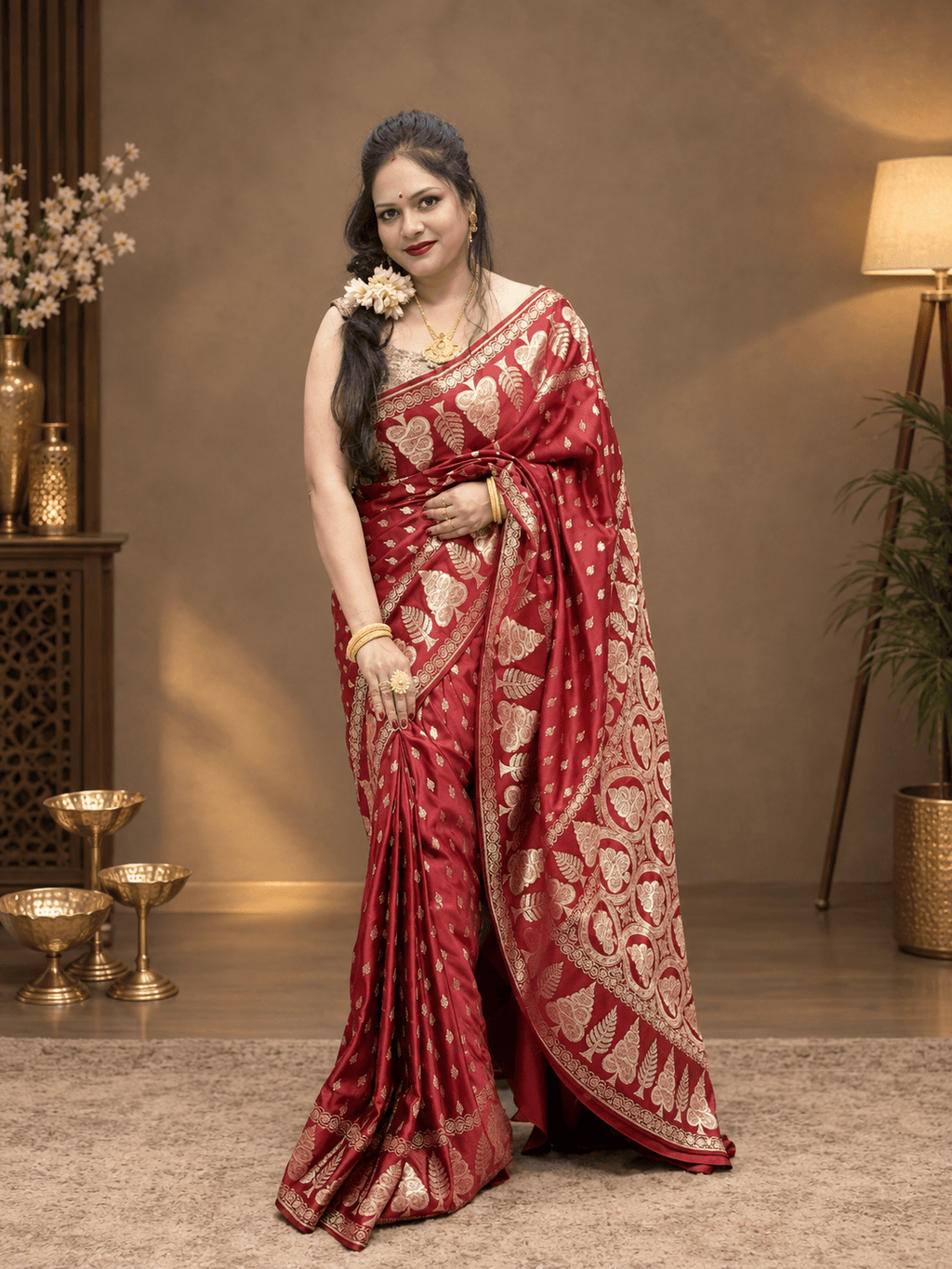 Amrapali Deep Plum Katan Banarasi Silk Saree with Golden Zari