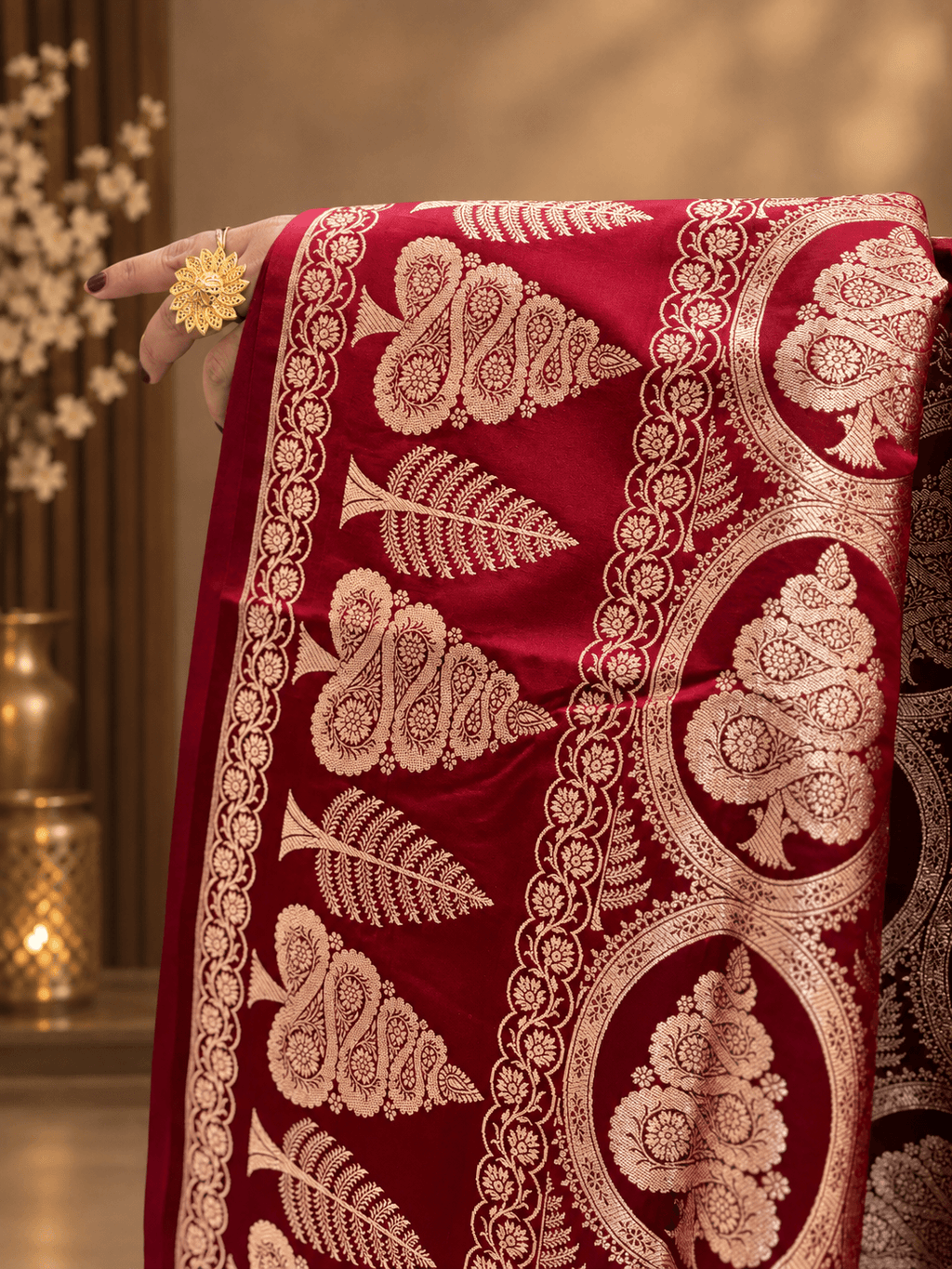 Amrapali Deep Plum Katan Banarasi Silk Saree with Golden Zari