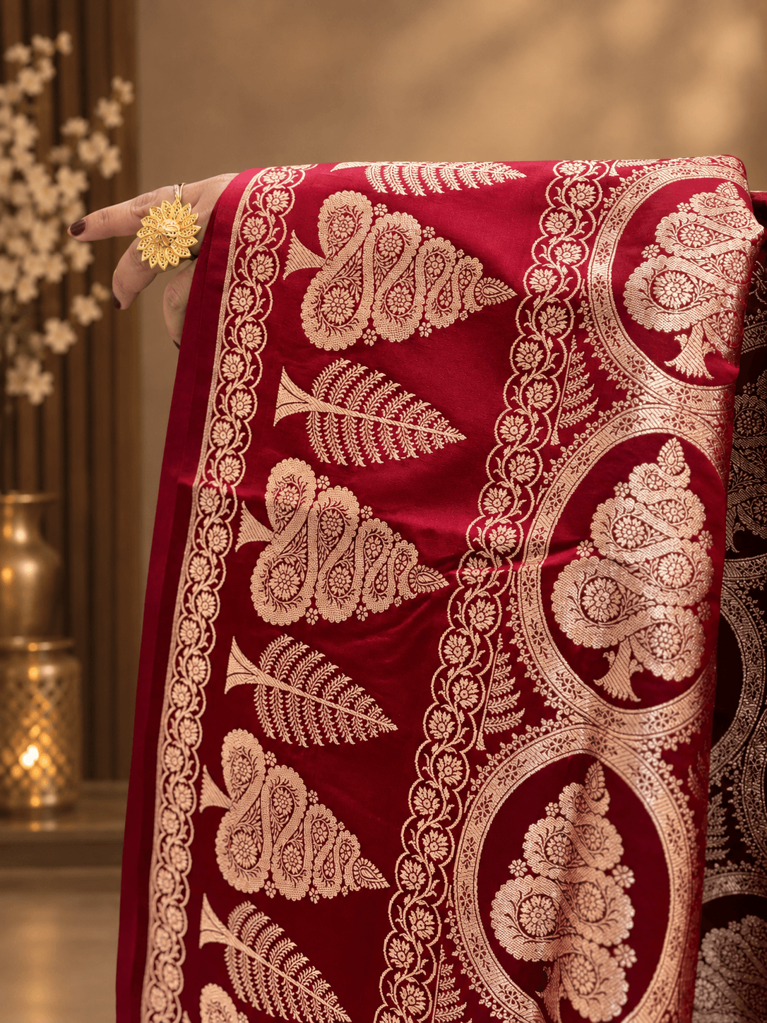 Amrapali Deep Plum Katan Banarasi Silk Saree with Golden Zari
