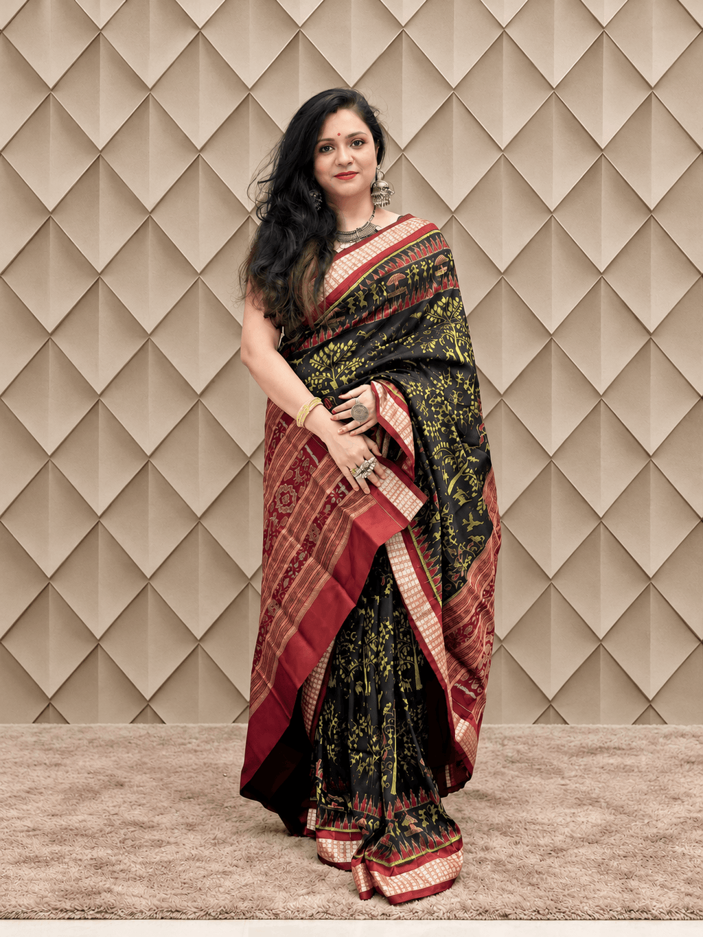 Black With Neon Green Floral Handweaved Sambalpuri Silk Saree