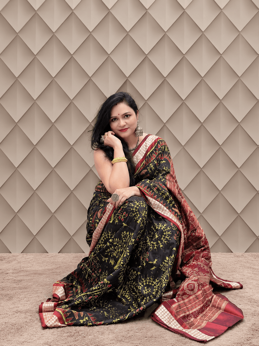 Black With Neon Green Floral Handweaved Sambalpuri Silk Saree