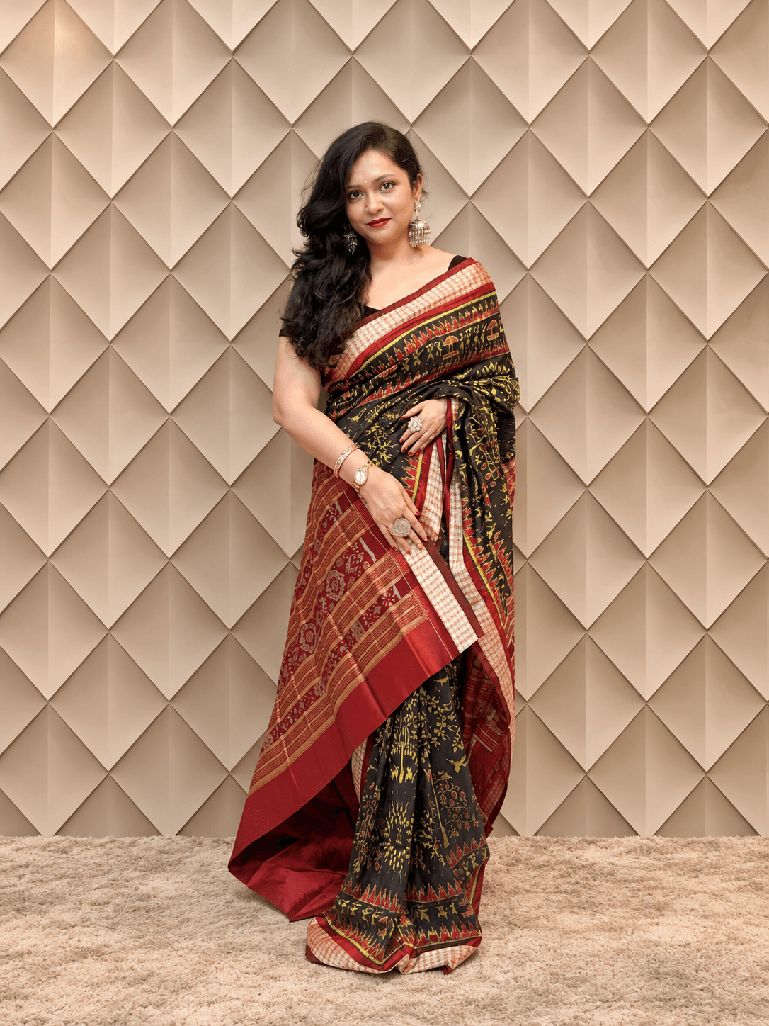 Black With Neon Green Floral Handweaved Sambalpuri Silk Saree