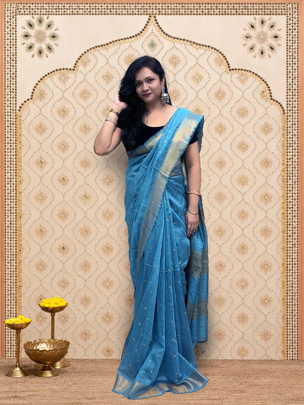 Blue Linen Saree with Zari Border