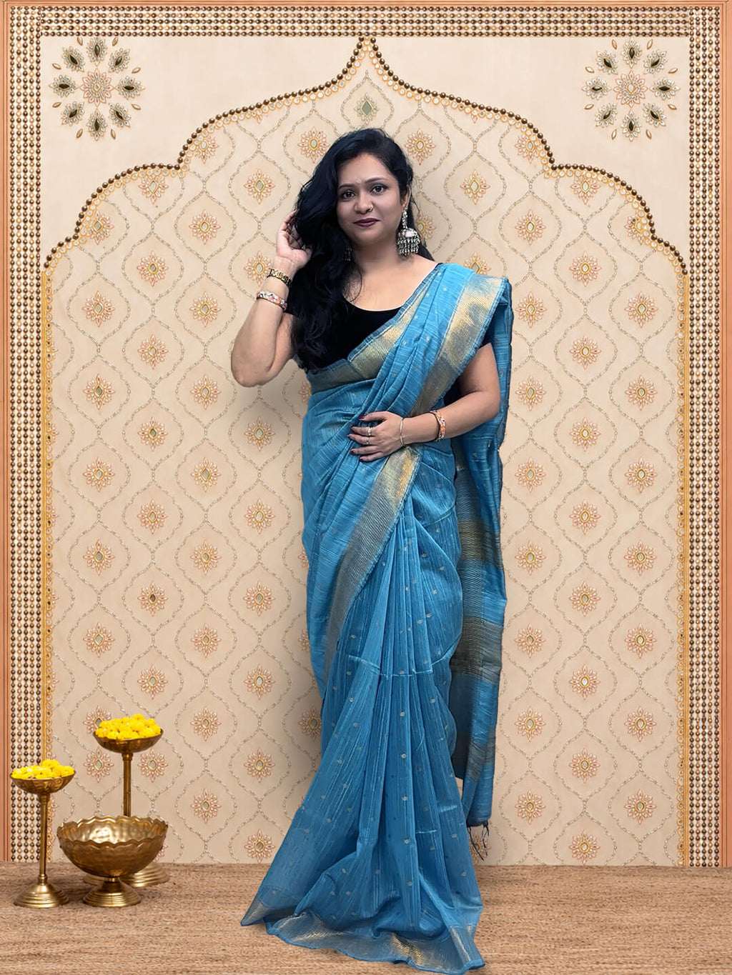 Blue Linen Saree with Zari Border
