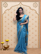 Blue Linen Saree with Zari Border