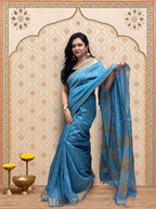 Blue Linen Saree with Zari Border