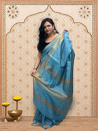 Blue Linen Saree with Zari Border