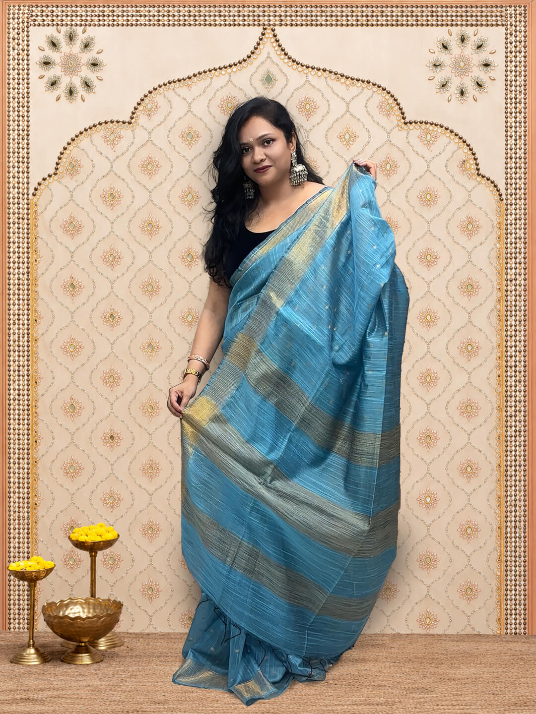 Blue Linen Saree with Zari Border