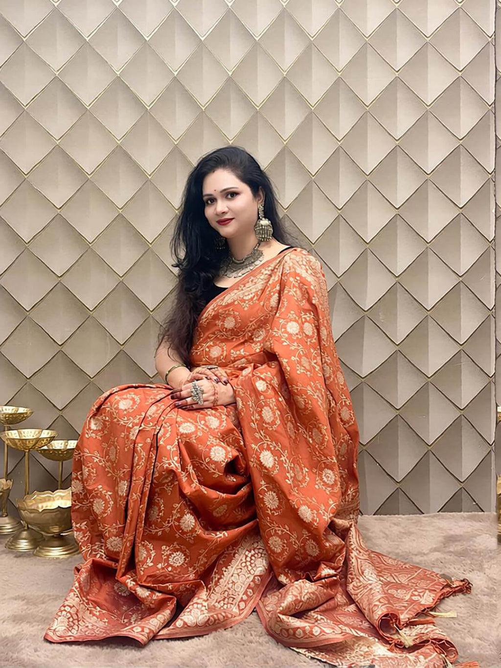 Brick Red Banarasi Silk Saree with Gold & Silver Zari