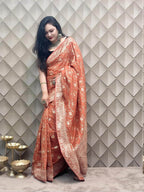 Brick Red Banarasi Silk Saree with Gold & Silver Zari