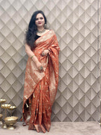 Brick Red Banarasi Silk Saree with Gold & Silver Zari
