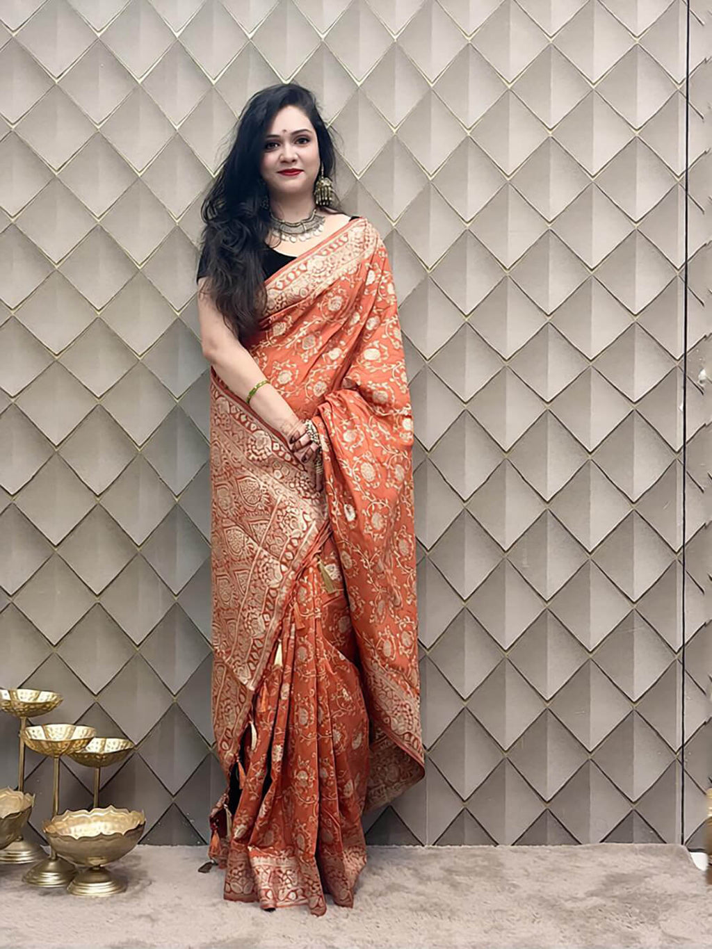 Brick Red Banarasi Silk Saree with Gold & Silver Zari