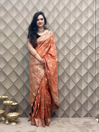 Brick Red Banarasi Silk Saree with Gold & Silver Zari