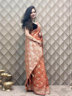Brick Red Banarasi Silk Saree with Gold & Silver Zari