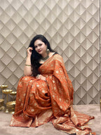 Brick Red Banarasi Silk Saree with Gold & Silver Zari