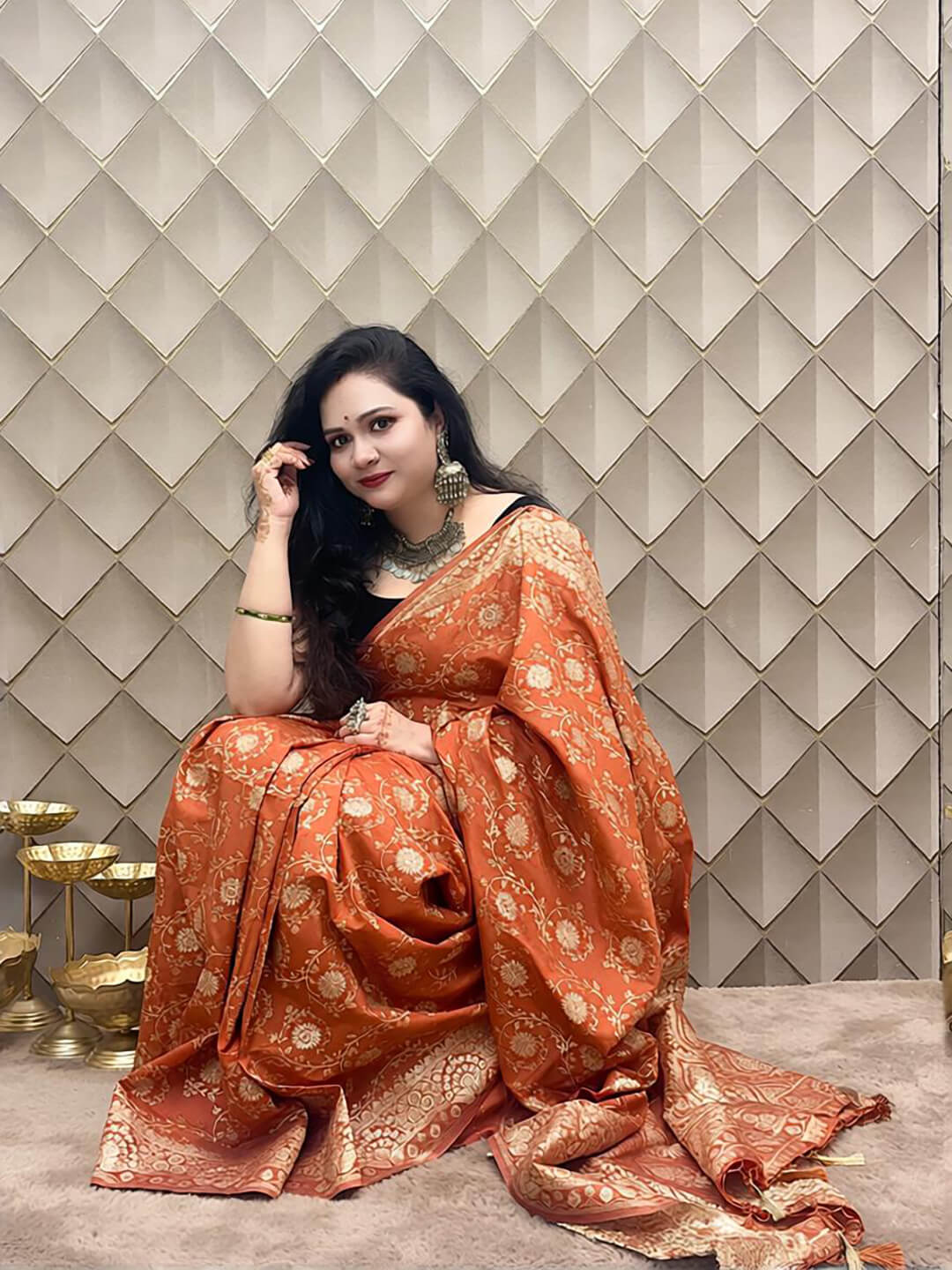 Brick Red Banarasi Silk Saree with Gold & Silver Zari