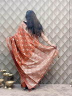 Brick Red Banarasi Silk Saree with Gold & Silver Zari