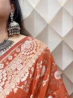 Brick Red Banarasi Silk Saree with Gold & Silver Zari