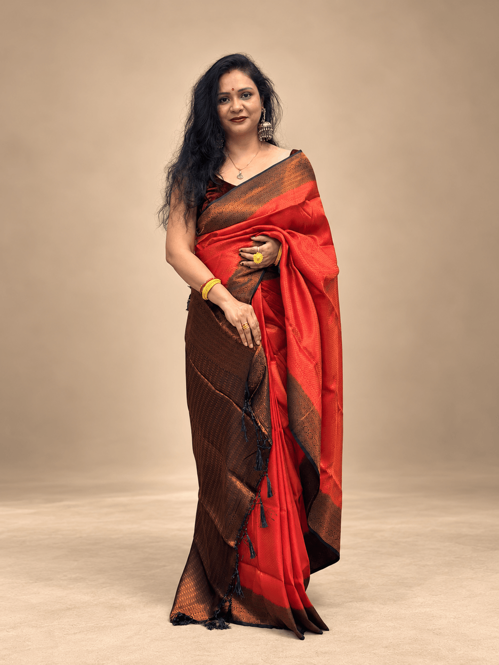 Brick red and Dark Blue Malavari Silk saree
