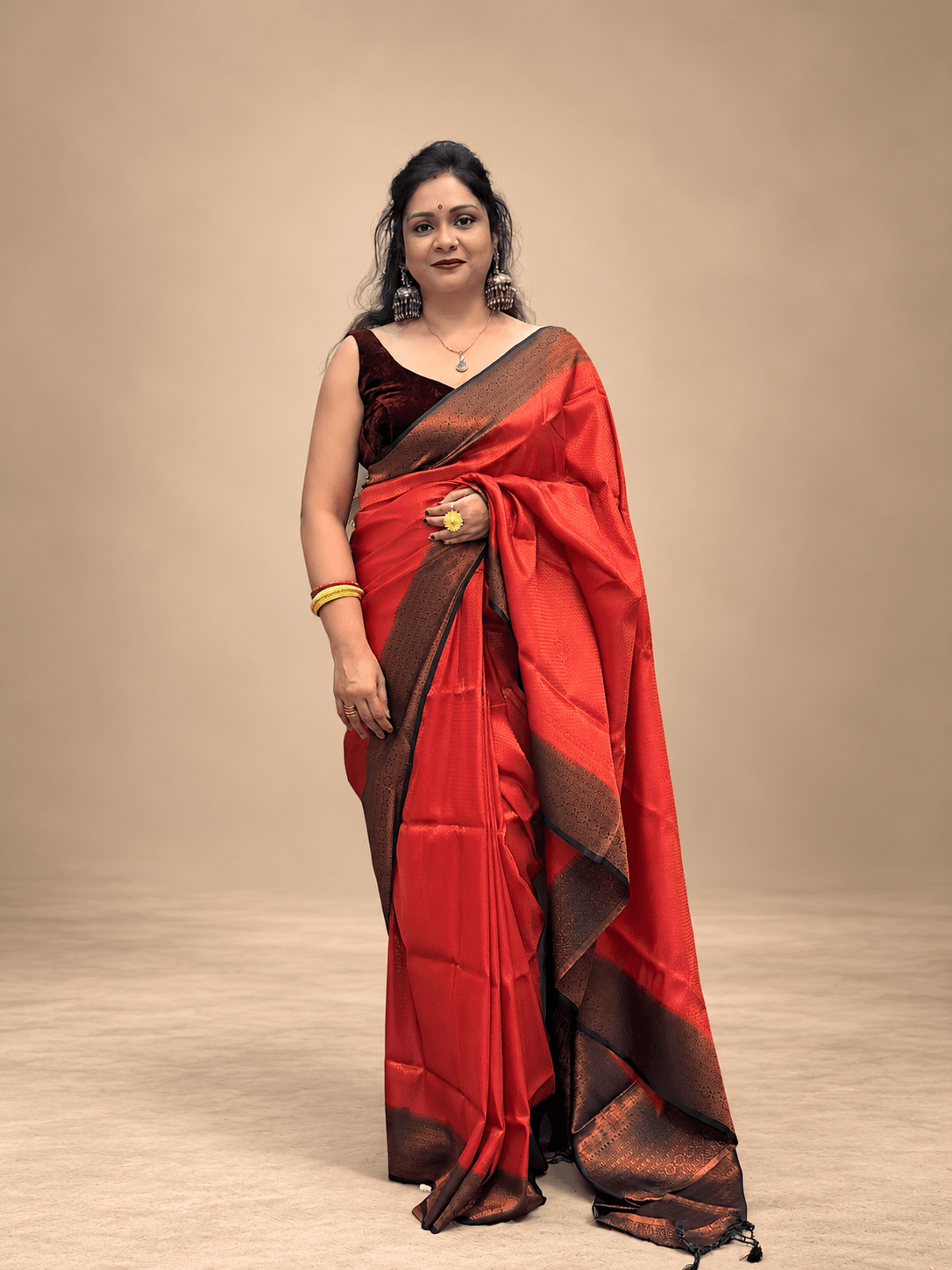 Brick red and Dark Blue Malavari Silk saree