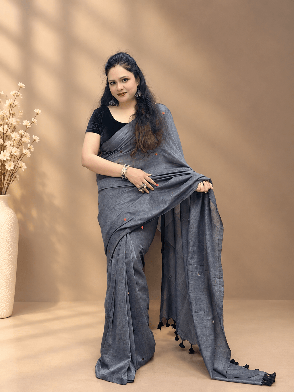 Dark Grey Coin Linen Saree with Glittery Coin Details & Tassel Pallu