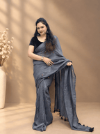 Dark Grey Coin Linen Saree with Glittery Coin Details & Tassel Pallu