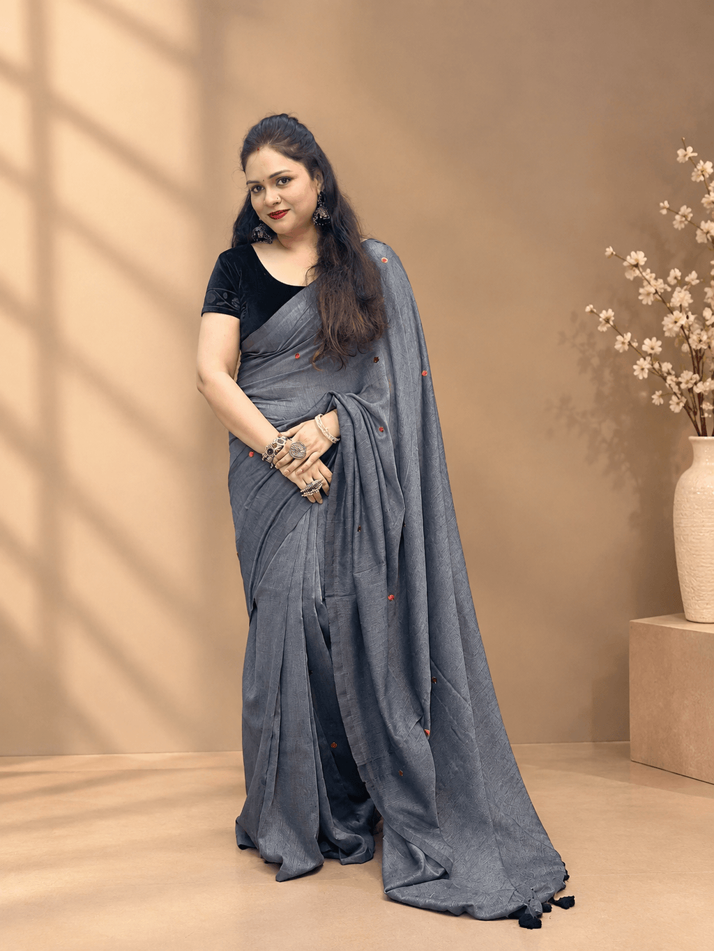 Dark Grey Coin Linen Saree with Glittery Coin Details & Tassel Pallu