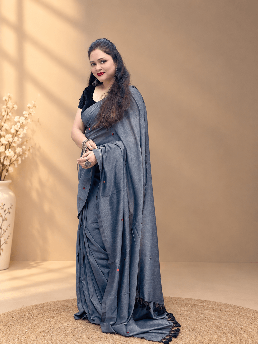 Dark Grey Coin Linen Saree with Glittery Coin Details & Tassel Pallu