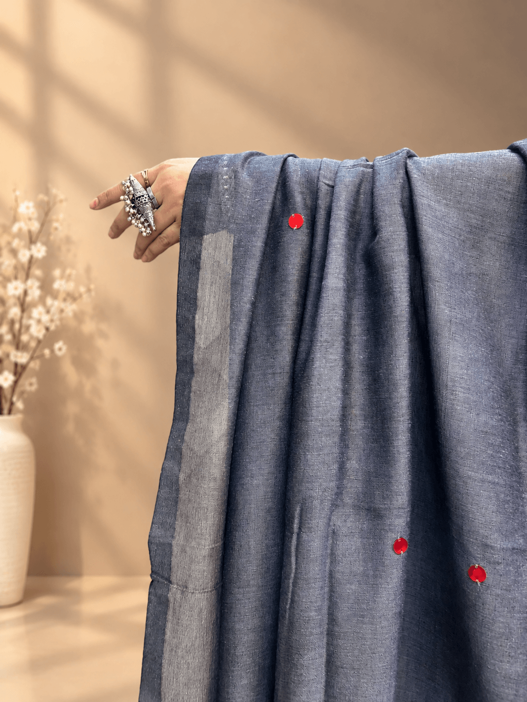 Dark Grey Coin Linen Saree with Glittery Coin Details & Tassel Pallu