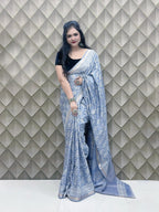 Silver Grey Crepe Silk Saree with White Tribal Print & Silver Zari Border