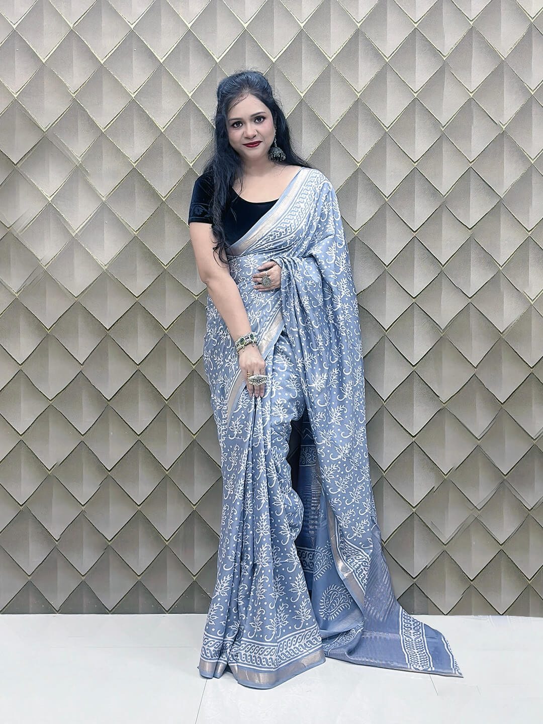 Silver Grey Crepe Silk Saree with White Tribal Print & Silver Zari Border