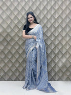 Silver Grey Crepe Silk Saree with White Tribal Print & Silver Zari Border