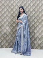 Silver Grey Crepe Silk Saree with White Tribal Print & Silver Zari Border