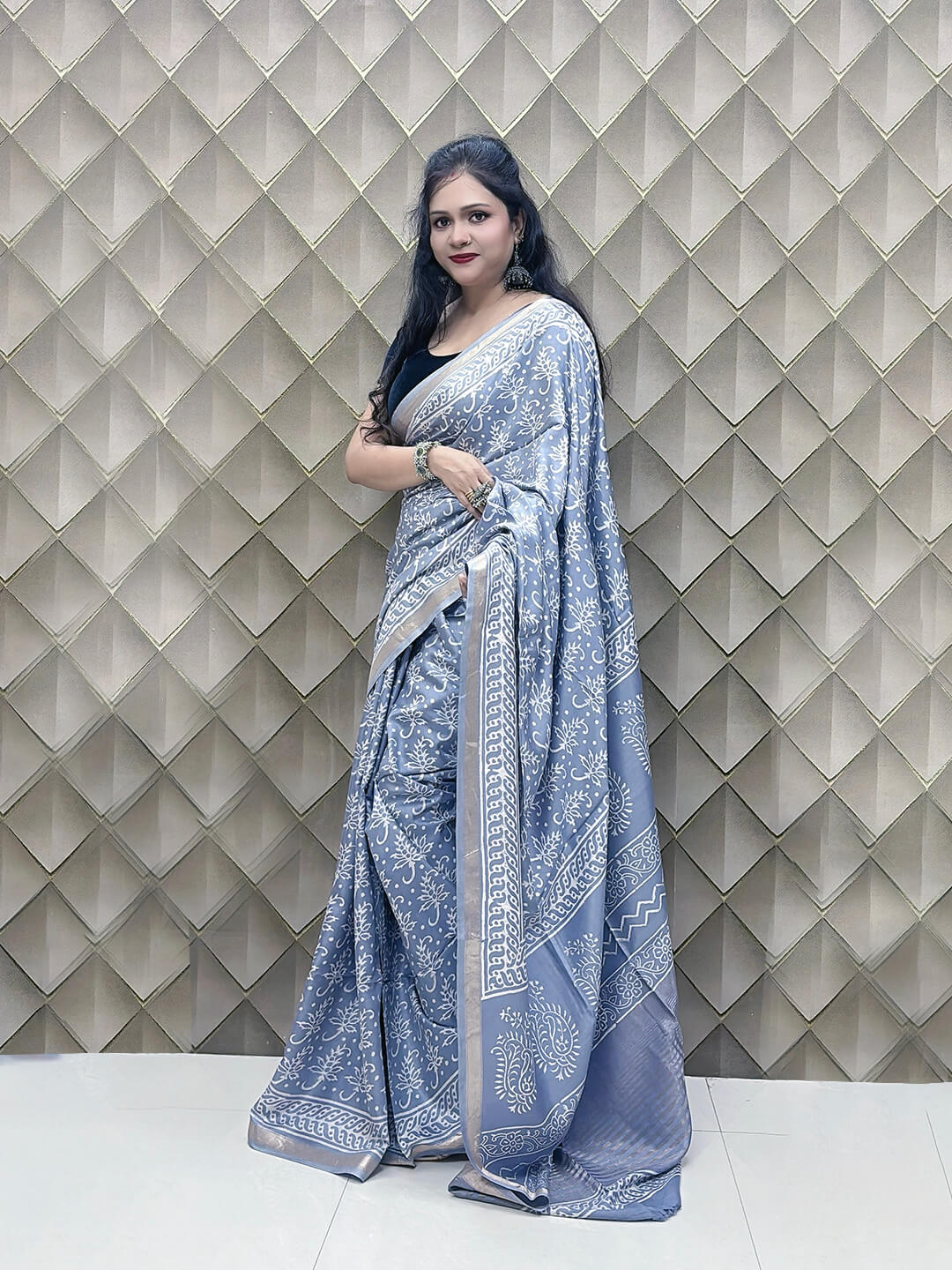 Silver Grey Crepe Silk Saree with White Tribal Print & Silver Zari Border