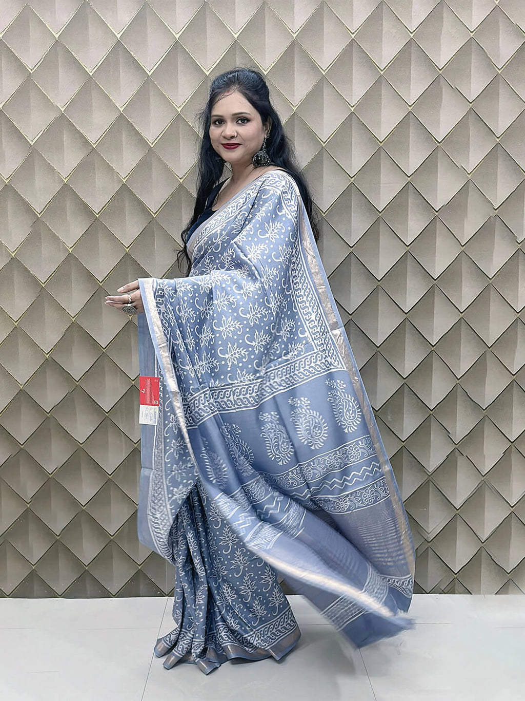 Silver Grey Crepe Silk Saree with White Tribal Print & Silver Zari Border