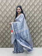 Silver Grey Crepe Silk Saree with White Tribal Print & Silver Zari Border