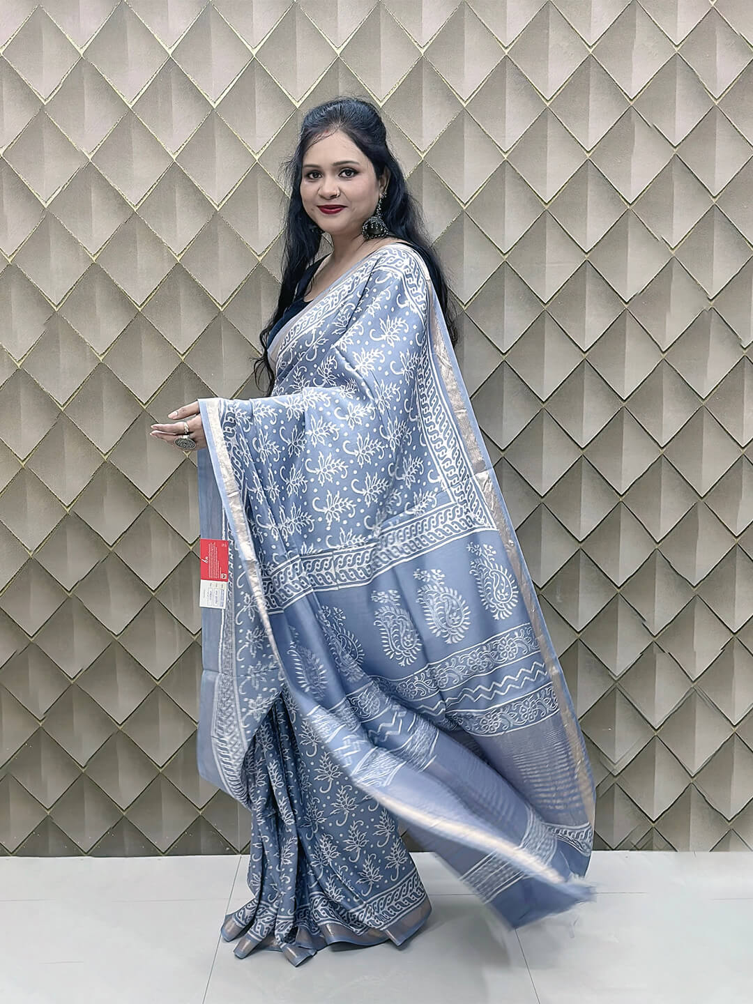 Silver Grey Crepe Silk Saree with White Tribal Print & Silver Zari Border