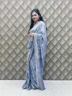 Silver Grey Crepe Silk Saree with White Tribal Print & Silver Zari Border