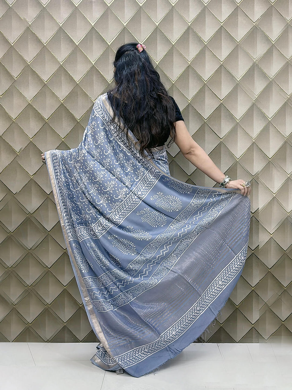 Silver Grey Crepe Silk Saree with White Tribal Print & Silver Zari Border