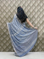 Silver Grey Crepe Silk Saree with White Tribal Print & Silver Zari Border