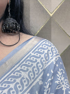 Silver Grey Crepe Silk Saree with White Tribal Print & Silver Zari Border