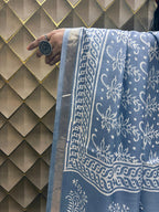 Silver Grey Crepe Silk Saree with White Tribal Print & Silver Zari Border