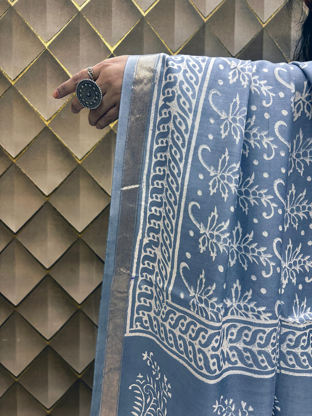 Silver Grey Crepe Silk Saree with White Tribal Print & Silver Zari Border