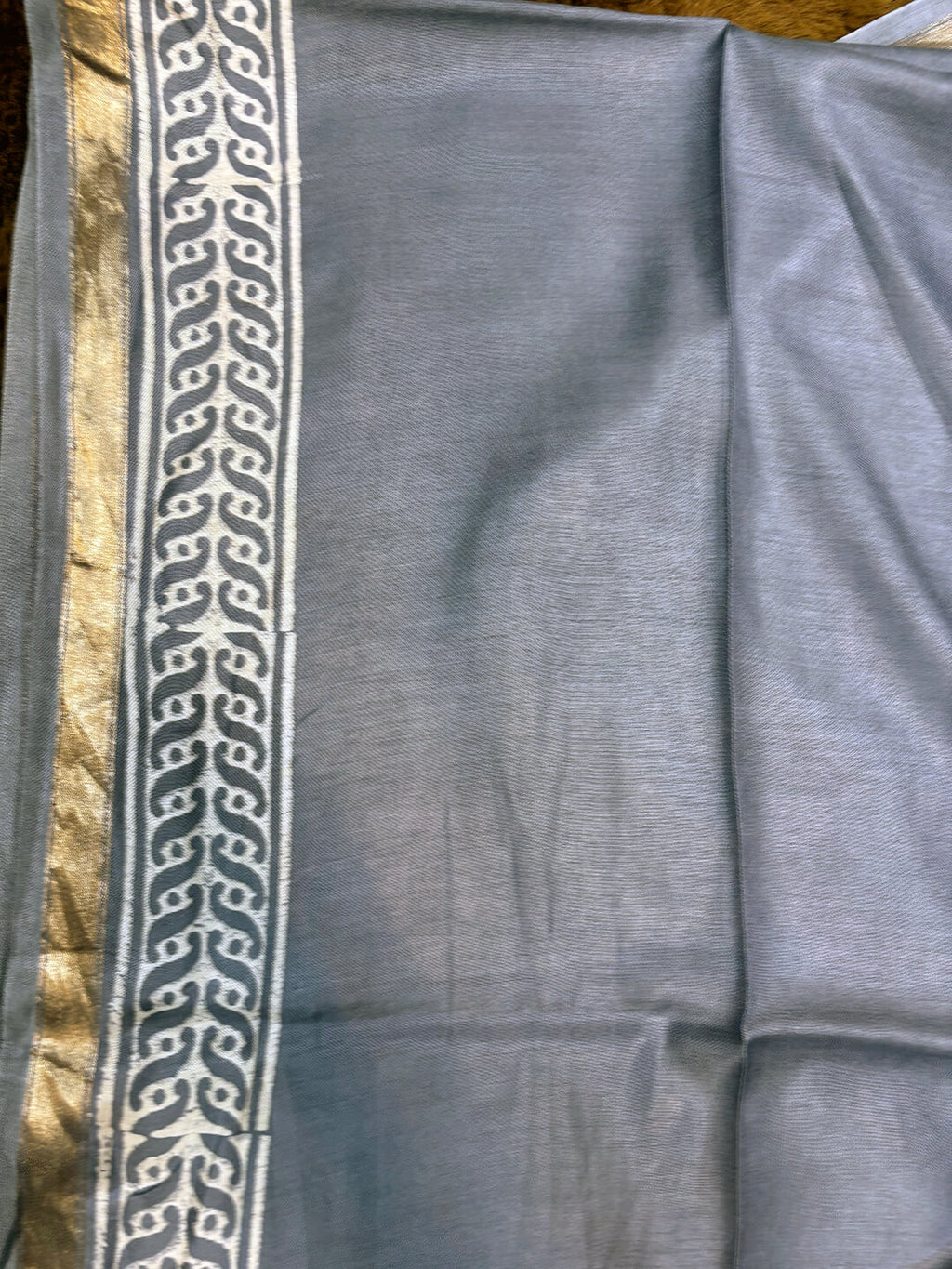 Silver Grey Crepe Silk Saree with White Tribal Print & Silver Zari Border