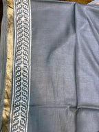 Silver Grey Crepe Silk Saree with White Tribal Print & Silver Zari Border